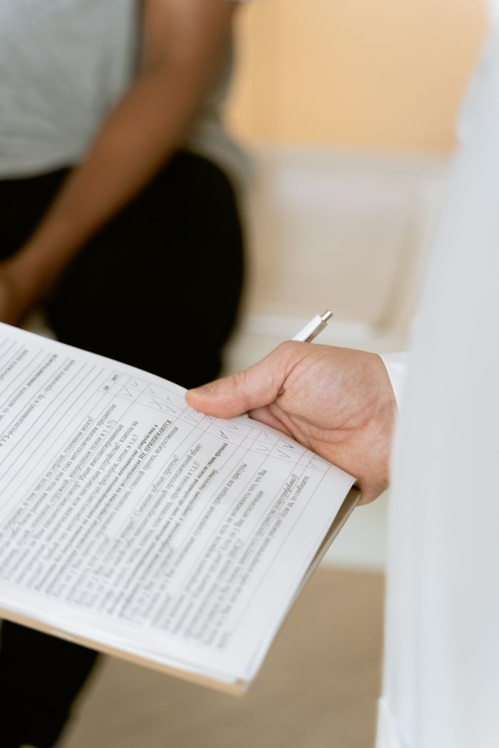 A healthcare professional reviewing a patient's medical chart during a consultation.